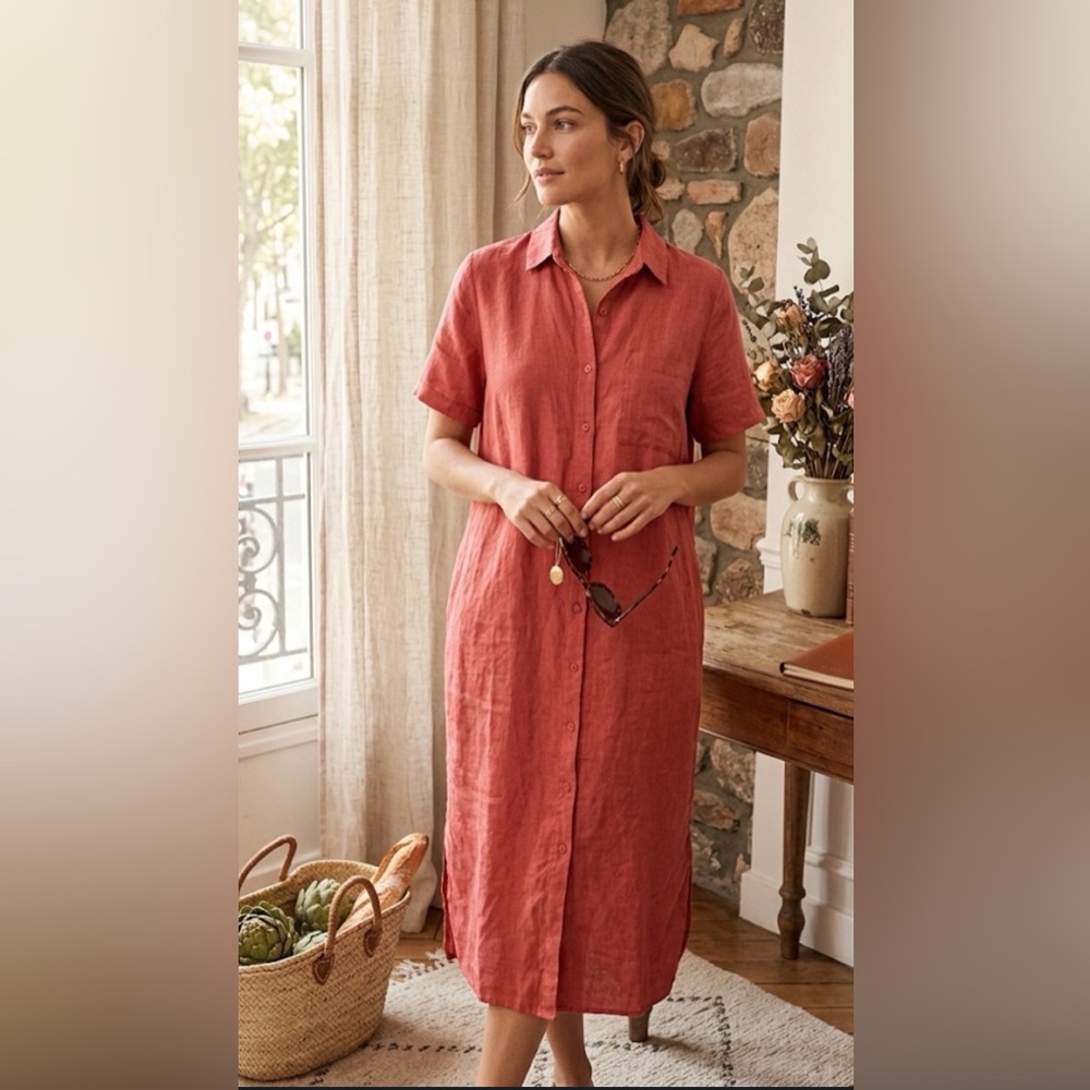 $278 Eileen Fisher Geranium Organic Linen Classic Collar Shirt Dress. Size S. - Picture 5 of 14